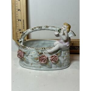 Vintage Porcelain Cherub Basket with Pink Roses Angel Figurine Home Decor